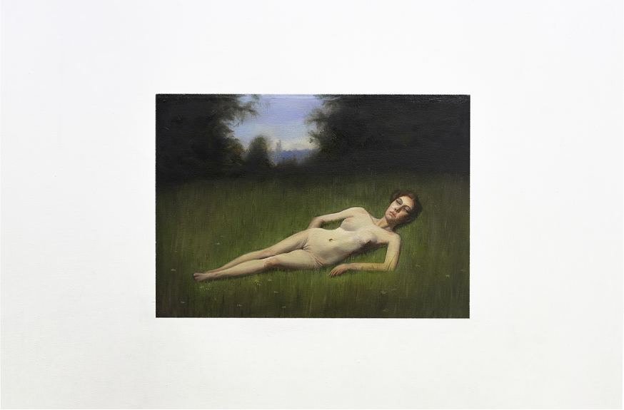 painting of person laying in grass with skin colour dress on, full body, full figure, whole body, feet, short dress, 2024 — Jessica Kuhn Artist